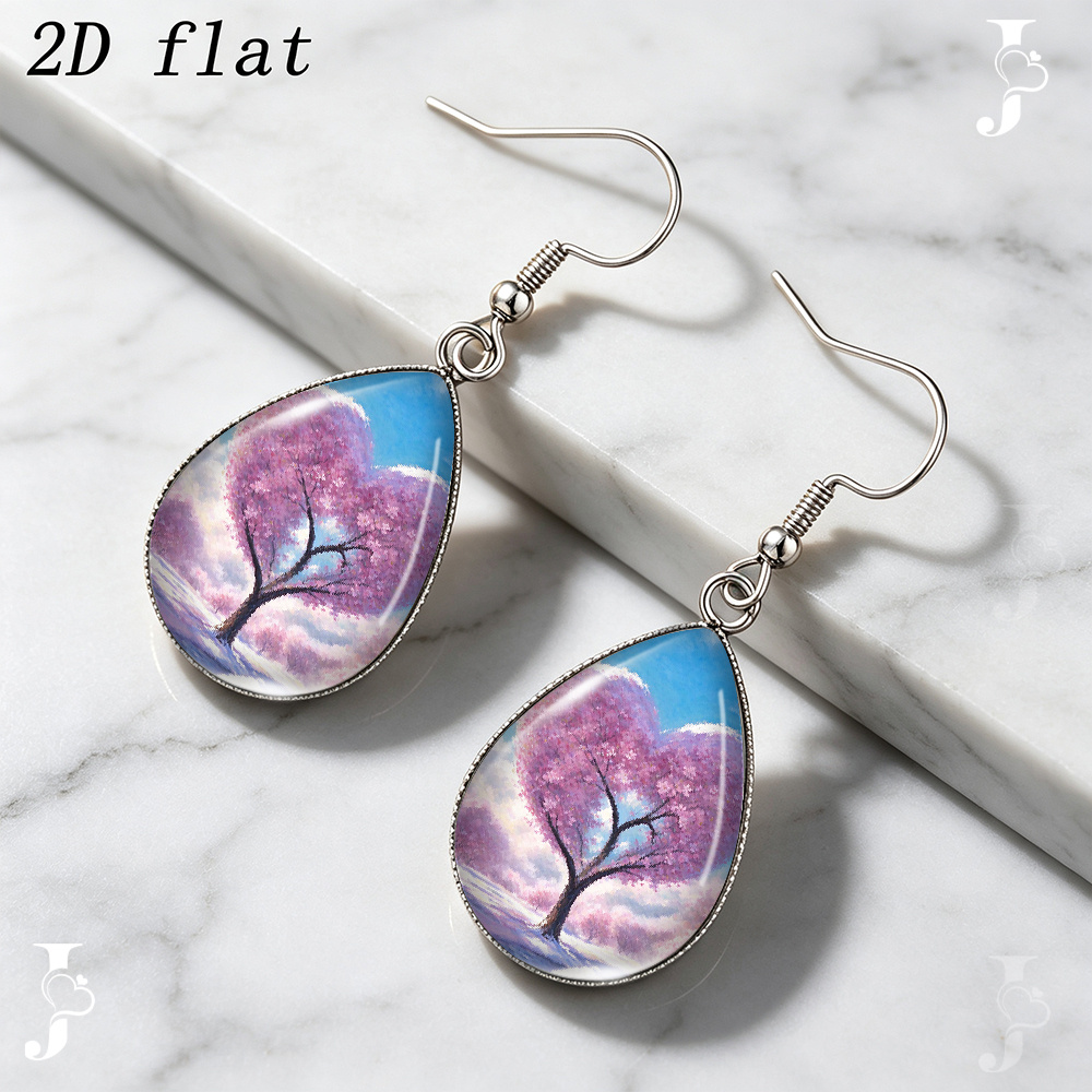 Teardrop Dangle Earrings with Heart Shaped Pink Flower Design